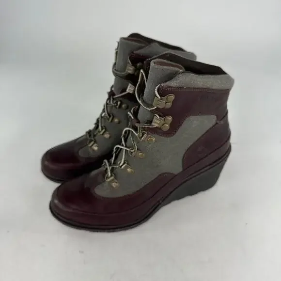 Timberland Amston Hiker Wedge Booties Sz 10 Womens Burgunday Leather Canvas Boot - Picture 11 of 13